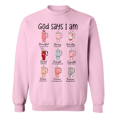 Teesdily | Valentines Day God Says I Am Shirts Short Sleeve Cute Valentine Heart Cup Tumblers Womens Sweatshirt Hoodie Mug Gift For Wife Girlfriend