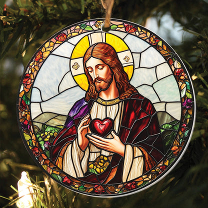 Teesdily | Jesus Christmas Ornament, Jesus Christ Sacred Heart Stained Glass Print Ornament, Nativity Christian Christmas Gift