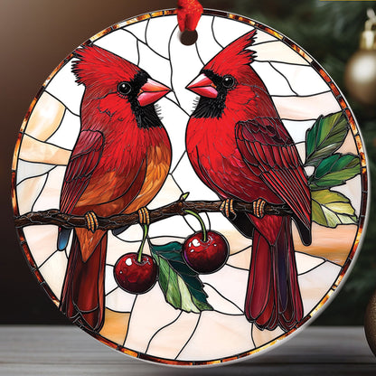 Teesdily | Couple Cardinal Ornament Christmas, Cardinal Stained Glass Acrylic 2D Ornament Christmas, Holiday Noel Ornament Gift