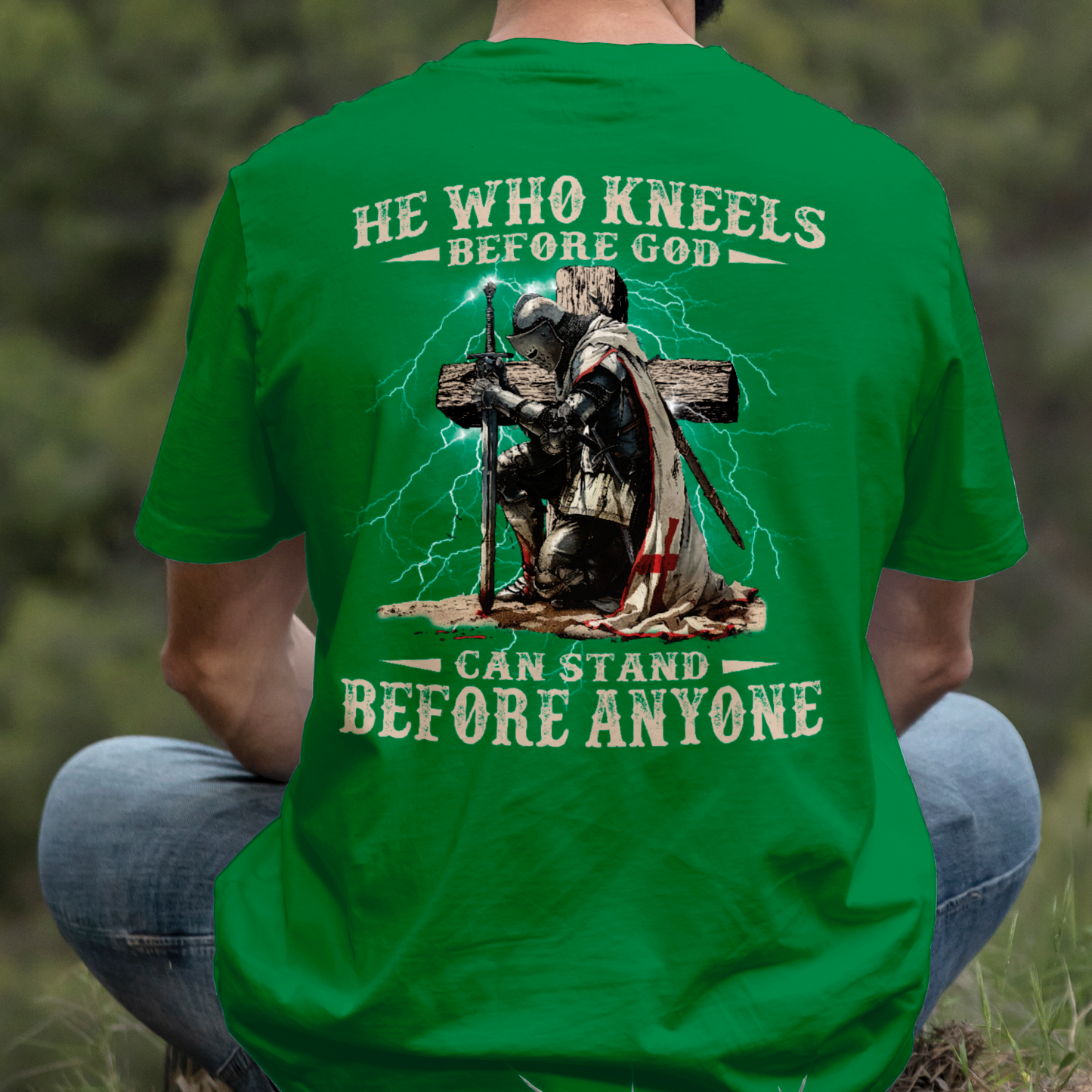 Teesdily | He Who Kneels Before God Shirt, Jesus Warrior Sweatshirt, Christian Cross Faith Hoodie Mug, Religious Gift Men