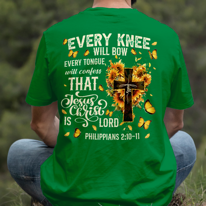 Teesdily | Every Knee Shall Bow Shirt, Every Tongue Shall Confess Sweatshirt, Bible Verse Sunflower Cross Jesus Hoodie Mug Gift