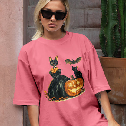 Teesdily | Childless Cat Lady Full Color Shirt, Halloween Pumpkin Witch And Cat Sweatshirt, Witchy Black Cat Hoodie Mug