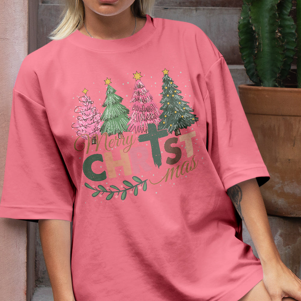 Teesdily | Merry Christmas Shirt, Jesus Christmas T-shirt, Christian Christmas Tree Sweatshirt, Holiday Christmas Hoodie Mug Gift