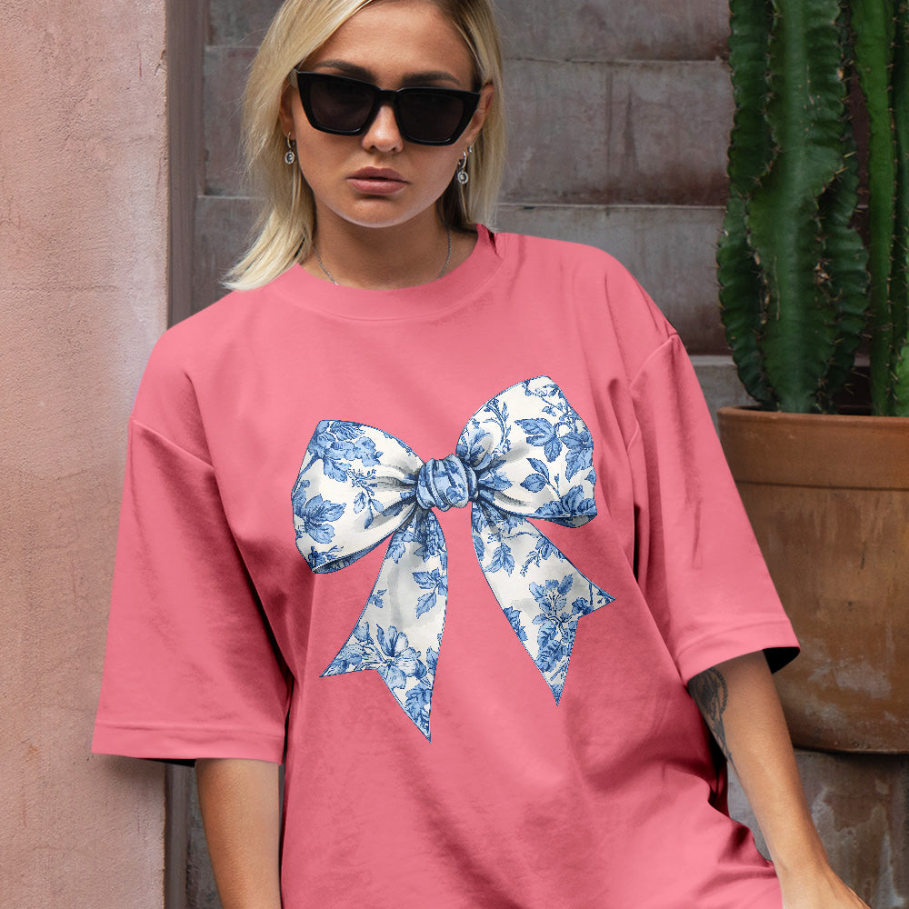 Teesdily | Toile De Jouy Coquette Bow Shirt, Blue Ribbon Sweatshirt, Toile Blue Bow Hoodie Mug, Girly Aesthetic Gift For Mom Sister