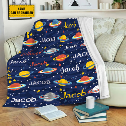 Teesdily | Custom Baby Blankets With Name Personalized Planets Blanket Kids Fleece Throw Blanket For Boys Baby Nursery Birthday Gift Bedroom Decor