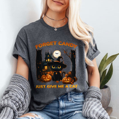 Teesdily | Halloween Cute Cat Shirt, Forget Candy Just Give Me A Cat Tee Sweatshirt Hoodie Mug, Halloween Cat Lovers Gifts, Cat Halloween Moon Shirt