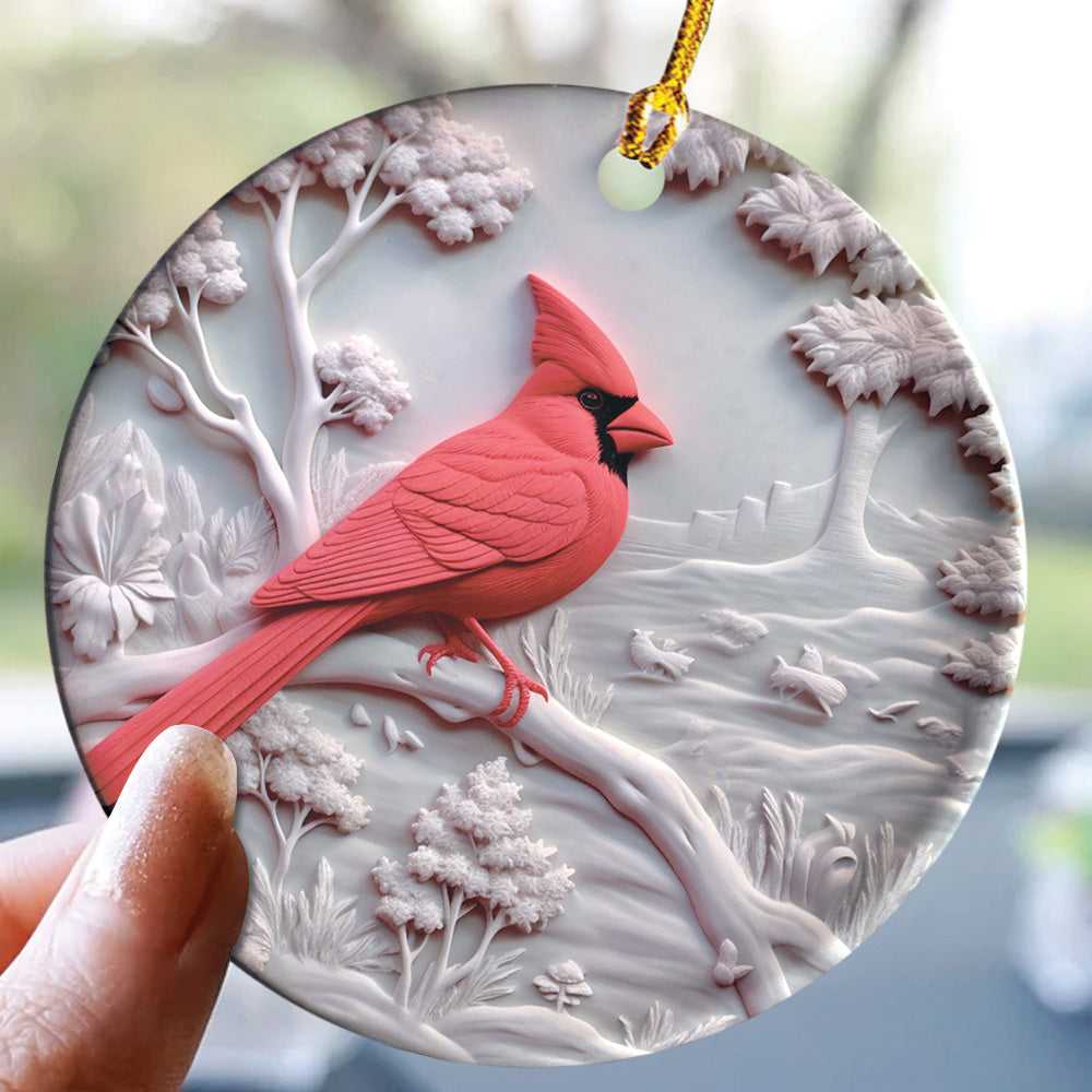 Teesdily | Christmas Cardinal Bird 2D Flat Ceramic Ornament, Couple Cardinal Bird Snowy Flower Christmas Gift, Xmas Ornament