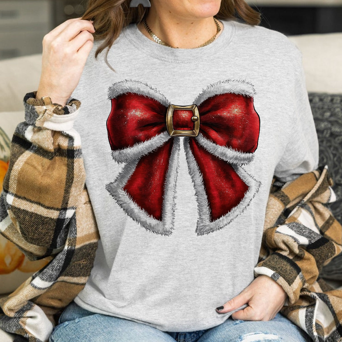 Teesdily | Santa Bow Shirt, Noel Santa Bow Sweatshirt, Coquette Christmas Tshirt, Merry Christmas Hoodie Mug, Christmas Coquette Bow Gift