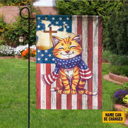 Teesdily | Custom Cat Jesus Cross Flag, Independence Day Garden Flag, Jesus American Flag Home, Fourth Of July Garden Flag Yard Decor, Cat Lover Gift