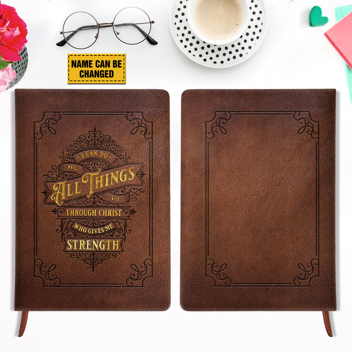 Teesdily | Customized Bible Verse Vintage Leather Notebook, I Can Do All Things Through Christ, Religious Gift, Christian Leather Journal