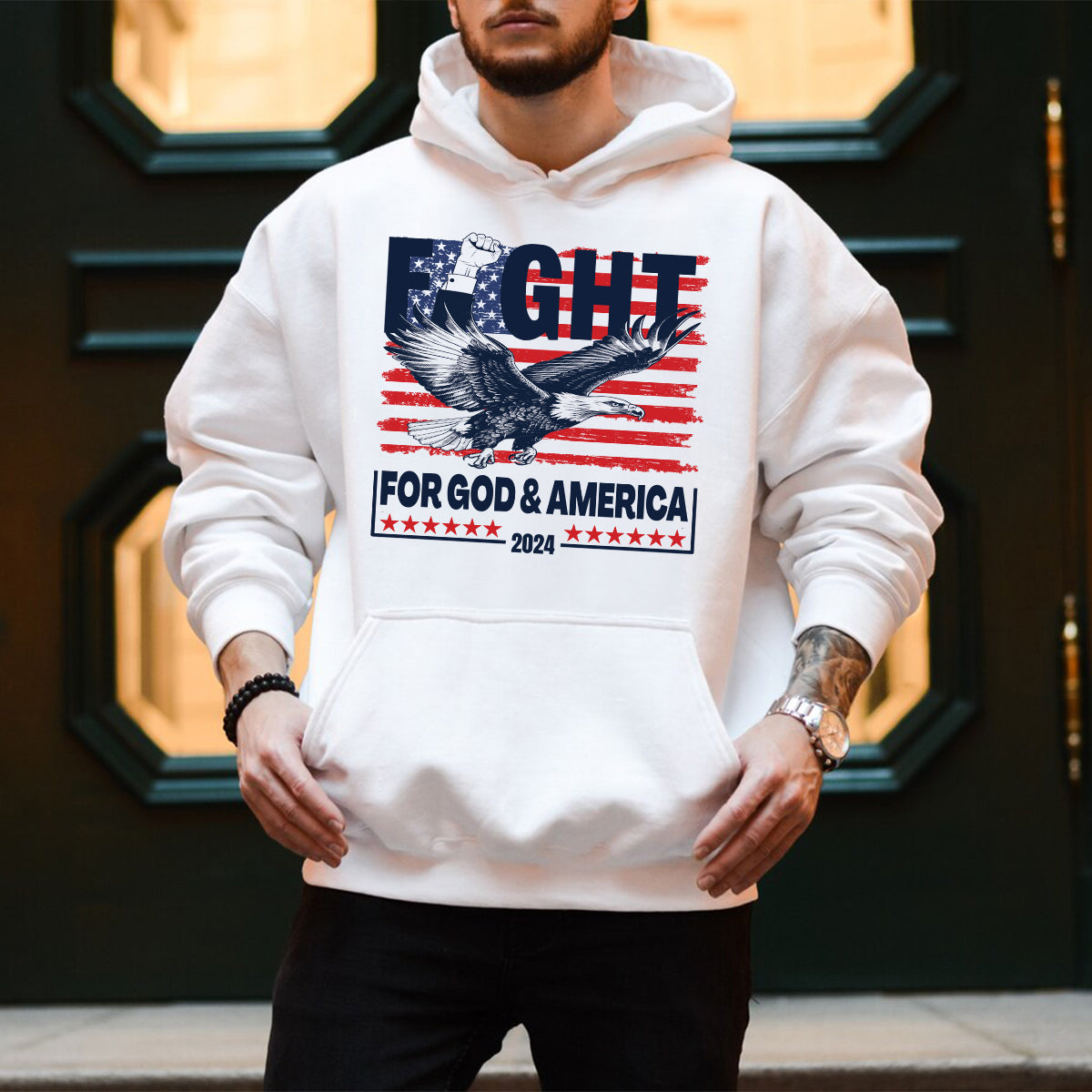 Teesdily | Eagle Fight 2024 American Flag Shirt, Fight For God And America Sweatshirt Hoodie Mug, Patriot T-shirt, American Pride Gifts