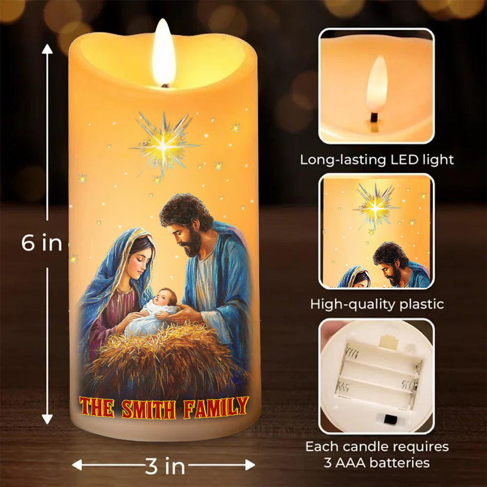 Teesdily | Personalized Holy Family LED Candle, Christmas Jesus Christ Our Lord LED Candle, Religious Home Decor Christmas Gift