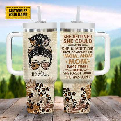 Teesdily | Customized Cool Mom Vintage Travel Tumbler, She Believed She Could And She Almost Did Water Tumbler, Mothers Day Leopard 40oz Tumbler