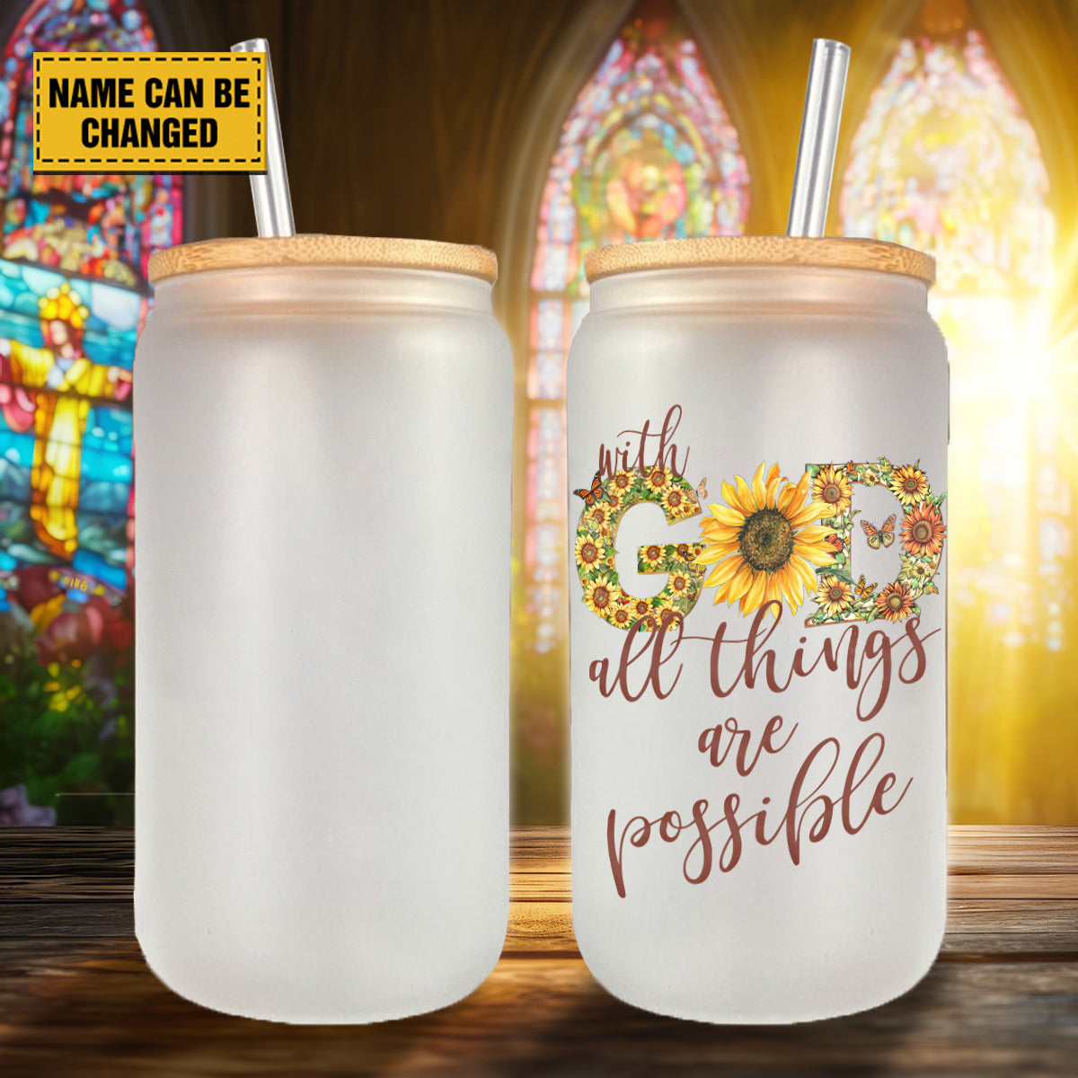 Teesdily | Customized Jesus Sunflower Glass Can With Straw, With God All Things Are Possible Mug Coffee, Christ Frosted Glass Can, Christian Art Gift