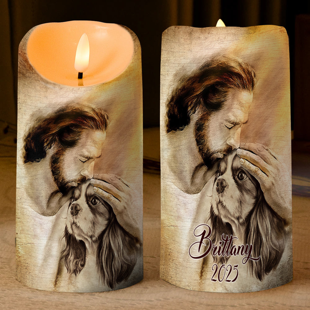 Teesdily | Customized Jesus With Dogs Memorial Led Candle, Pet Sympathy Gift, Dog Mom Gift, Memorial Dog Led Candle