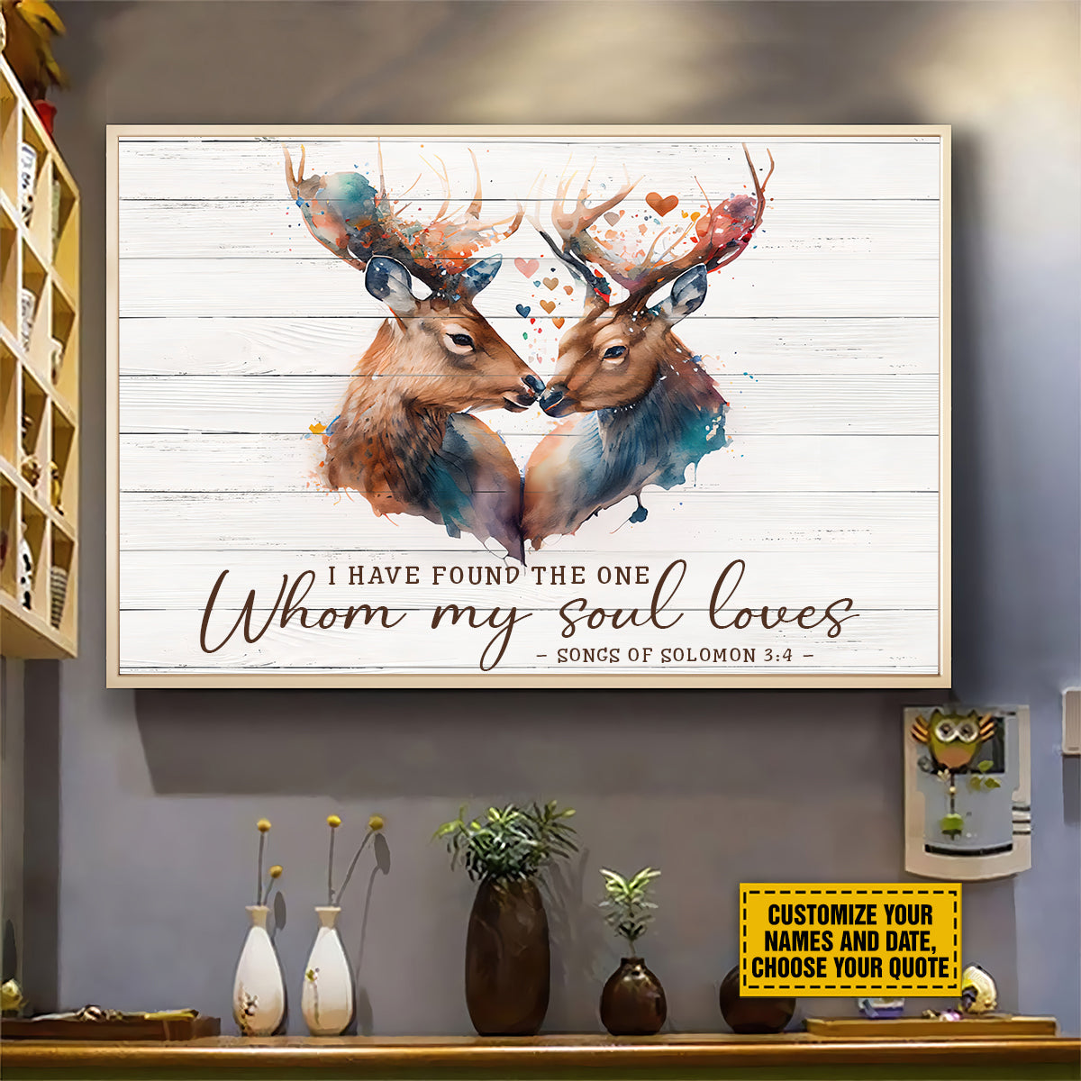 Teesdily | Customized Deer Couple Watercolor Print Wall Art All Of Me Love All Of You Canvas Poster Gift For Couple Lover Hunting Partners