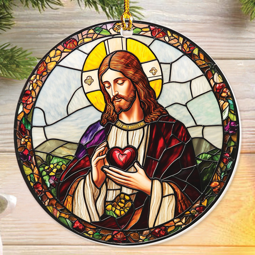 Teesdily | Jesus Christmas Ornament, Jesus Christ Sacred Heart Stained Glass Print Ornament, Nativity Christian Christmas Gift