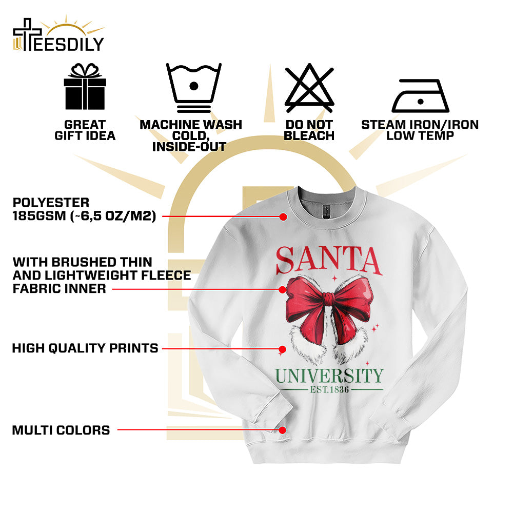 Teesdily | Retro Santa Bow University Est 1836 Shirt, Coquette Bow Christmas Sweatshirt, Social Club Santa Tee