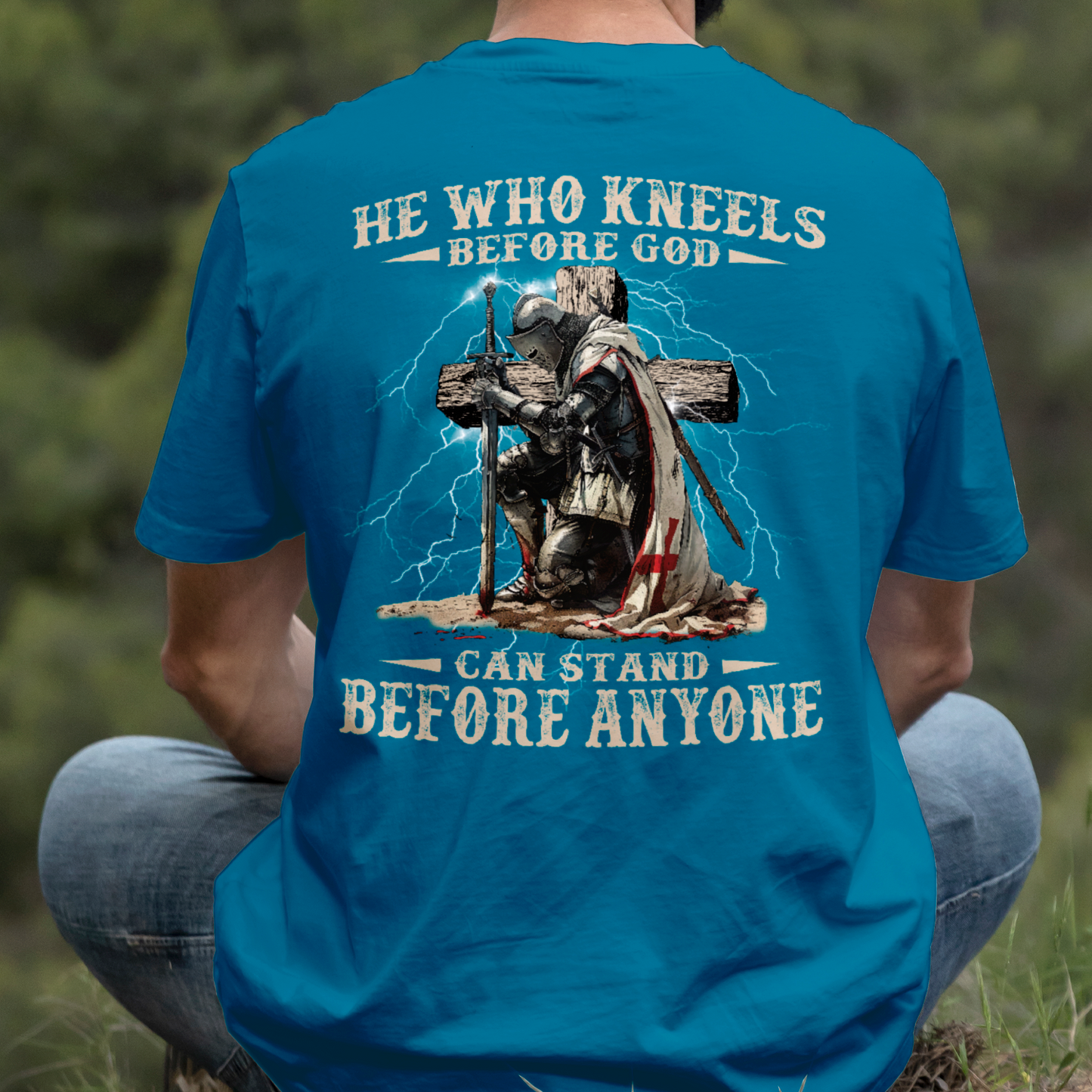 Teesdily | He Who Kneels Before God Shirt, Jesus Warrior Sweatshirt, Christian Cross Faith Hoodie Mug, Religious Gift Men