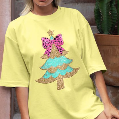 Teesdily | Christmas Tree Bow Shirt, Christmas Coquette Bow Glitter Leopard Sweatshirt, Christmas Hoodie Mug For Women