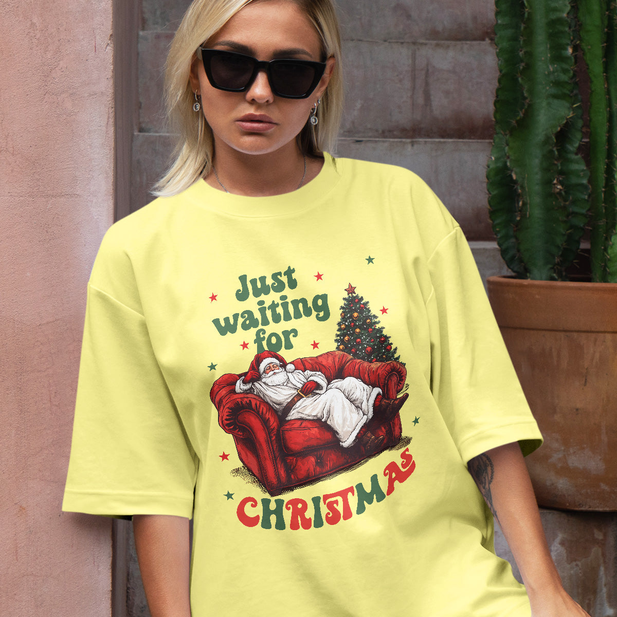 Teesdily | Just Waiting For Christmas Shirt, Santa Sofa Christmas Lights Tee 2024, Santa Claus Sweatshirt Hoodie Mug, Holiday Gift