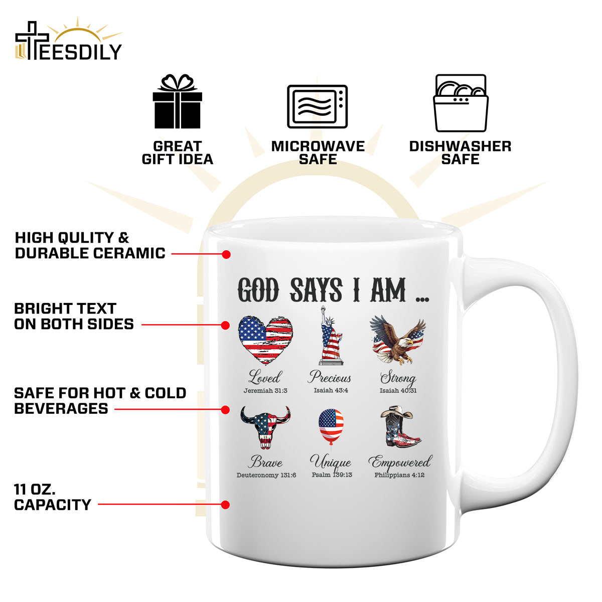 Teesdily | God Says I Am Shirt, American Flag Cowboy Sweatshirt, Eagle Heart Statue of Liberty Mug, Jesus Christ Mug Gifts