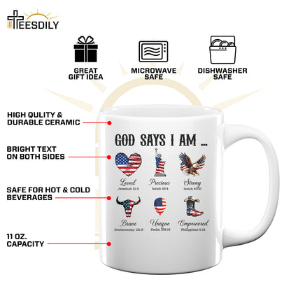 Teesdily | God Says I Am Shirt, American Flag Cowboy Sweatshirt, Eagle Heart Statue of Liberty Mug, Jesus Christ Mug Gifts