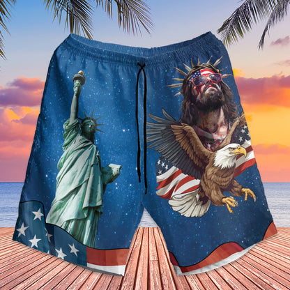 Teesdily | Personalized Jesus Eagle American Flag Hawaiian Shirt, God Statue Liberty Hawaii Shirt, Jesus Summer Aloha Set, Independence Day Gifts