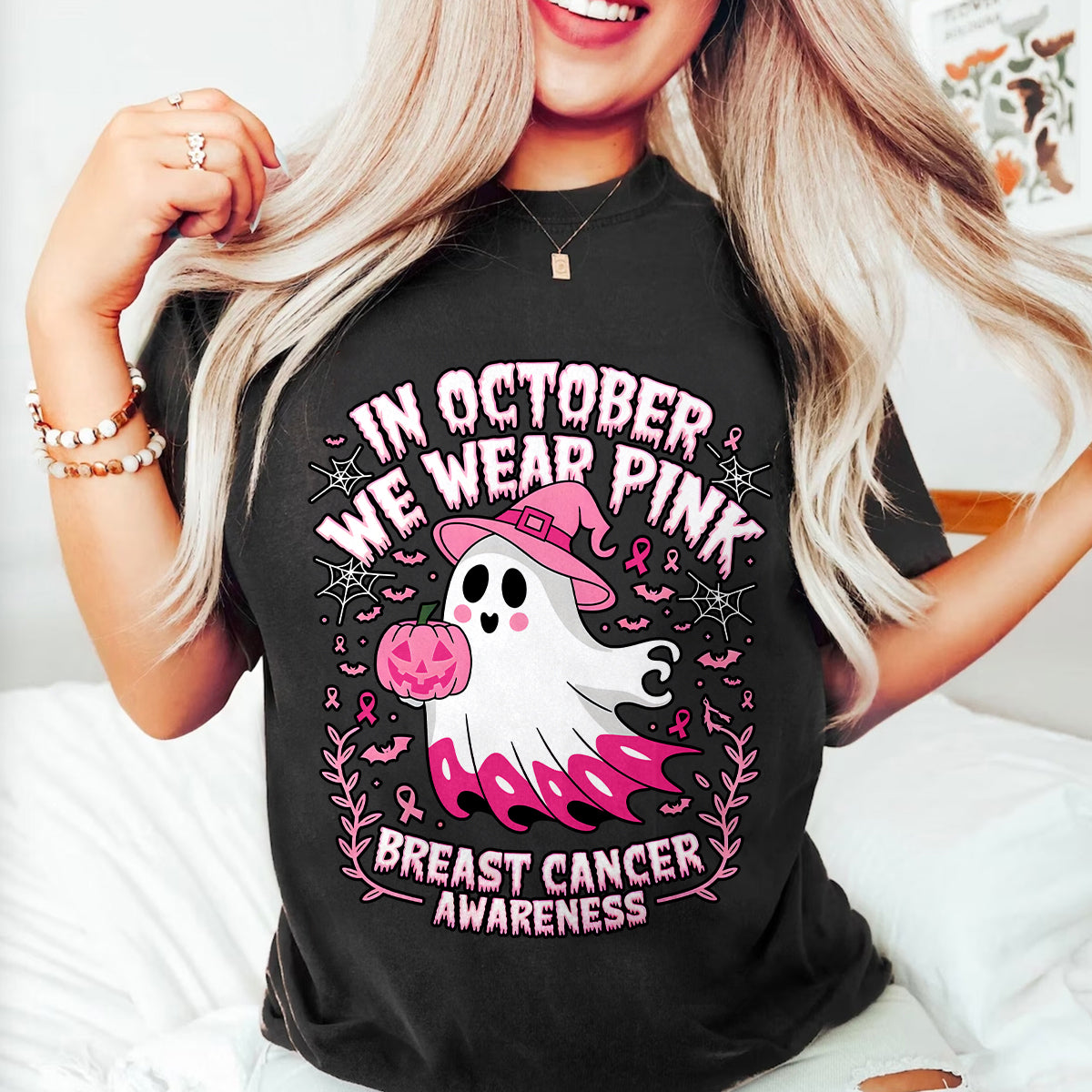 Teesdily | In October We Wear Pink Ghost Shirt, Breast Cancer Awareness Sweatshirt, In October We Wear Pumpkin, Pink Ribbon Hoodie Mug