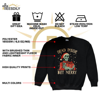 Teesdily | Christmas Skeleton Shirt, Dead Inside But Merry Christmas Sweatshirt Hoodie Mug, Skeleton Santa Tee, Christmas Gift