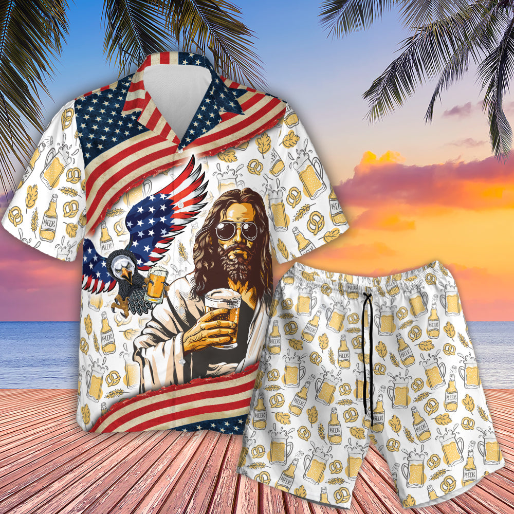 Teesdily | Jesus Eagle Beer American Flag Hawaii Shirt, Cool Jesus Beer Hawaiian Set For Men, Summer Beach Aloha Shirt, Independence Day Gifts