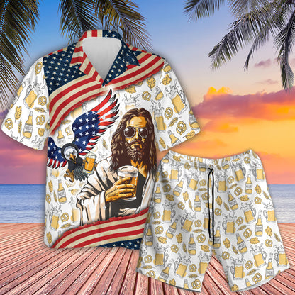 Teesdily | Jesus Eagle Beer American Flag Hawaii Shirt, Cool Jesus Beer Hawaiian Set For Men, Summer Beach Aloha Shirt, Independence Day Gifts