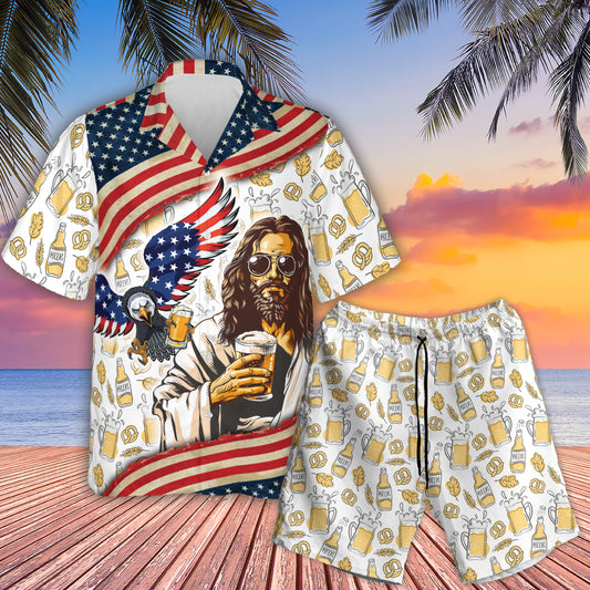 Teesdily | Jesus Eagle Beer American Flag Hawaii Shirt, Cool Jesus Beer Hawaiian Set For Men, Summer Beach Aloha Shirt, Independence Day Gifts