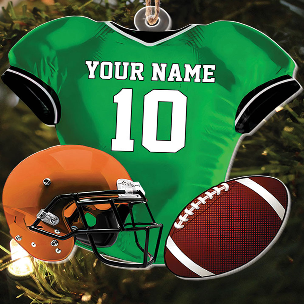 Teesdily | Customized American Football Uniform Helmet And Ball Acrylic Ornament, American Football Lovers Christmas Ornament