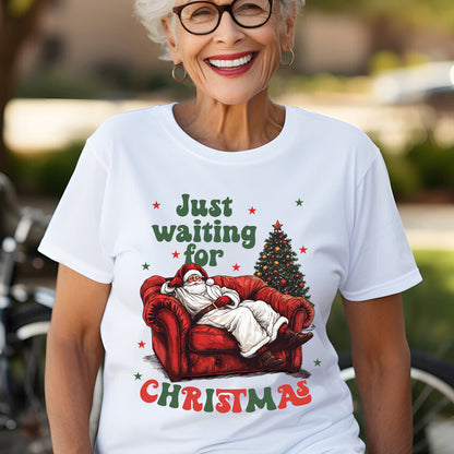 Teesdily | Just Waiting For Christmas Shirt, Santa Sofa Christmas Lights Tee 2024, Santa Claus Sweatshirt Hoodie Mug, Holiday Gift