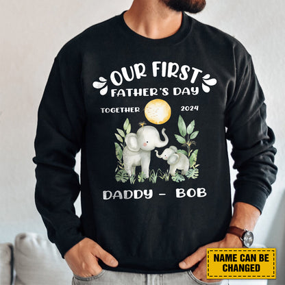 Teesdily | Customized Our First Fathers Day Together 2024 Shirt, Elephant Father Day, Dad Gift, Unisex Tshirt Hoodie Sweatshirt Mug