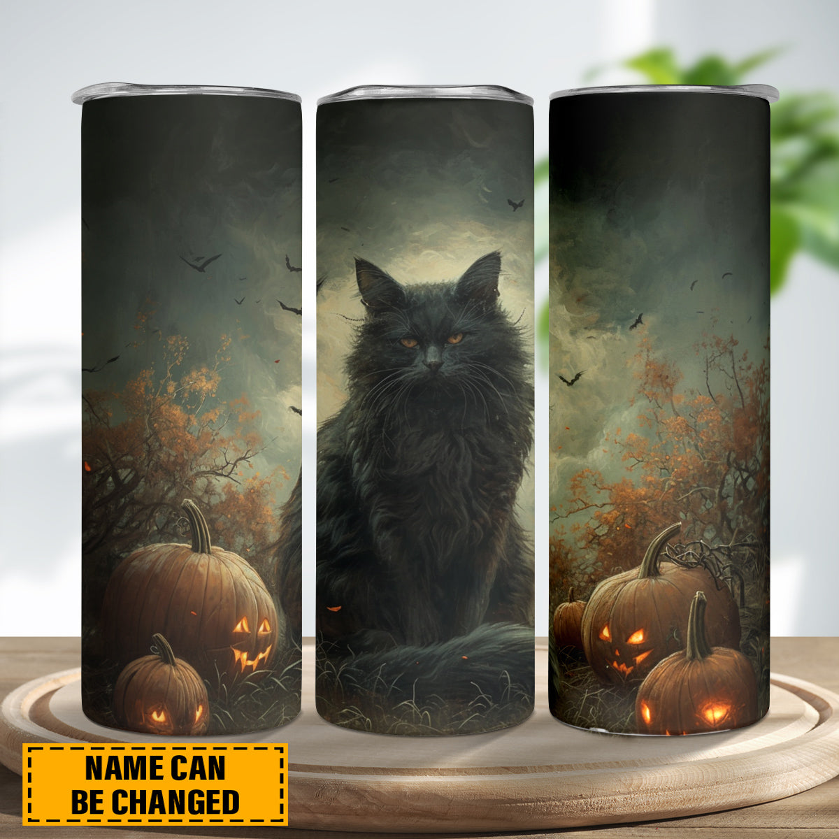 Teesdily | Customized Black Cat Pumpkin Skinny Tumbler 20oz, Halloween Cat Tumbler, Cute Halloween Cat Mug, Pumpkins Cat Tumbler, Cat Lover Gift