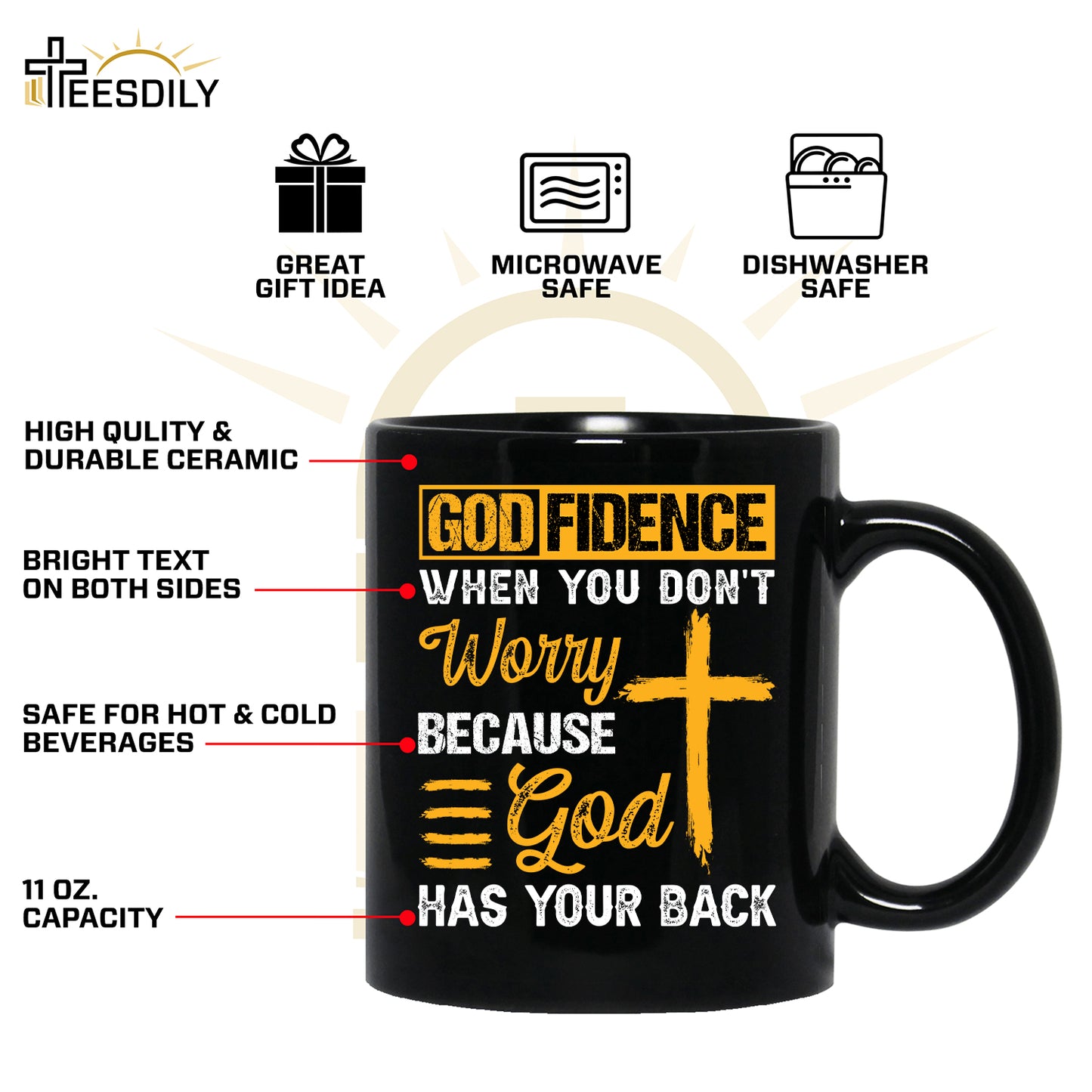 Teesdily | Jesus Cross Shirt, God Fidence When You Don't Worry Because God Has Your Back Tee Sweatshirt Hoodie Mug, Jesus Lovers Gifts, Christian Tee