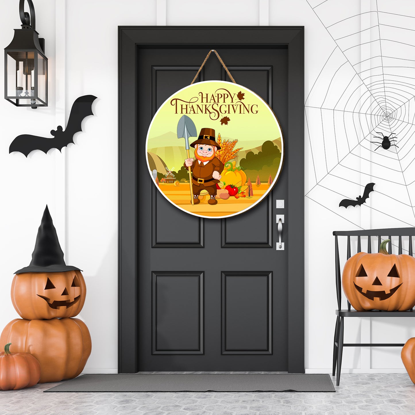 Teesdily | Pilgrim Thanksgiving Round Home Sign, Happy Thanksgiving Wood Sign, Funny Cosplay Harvest Season Sign, Front Door Decor