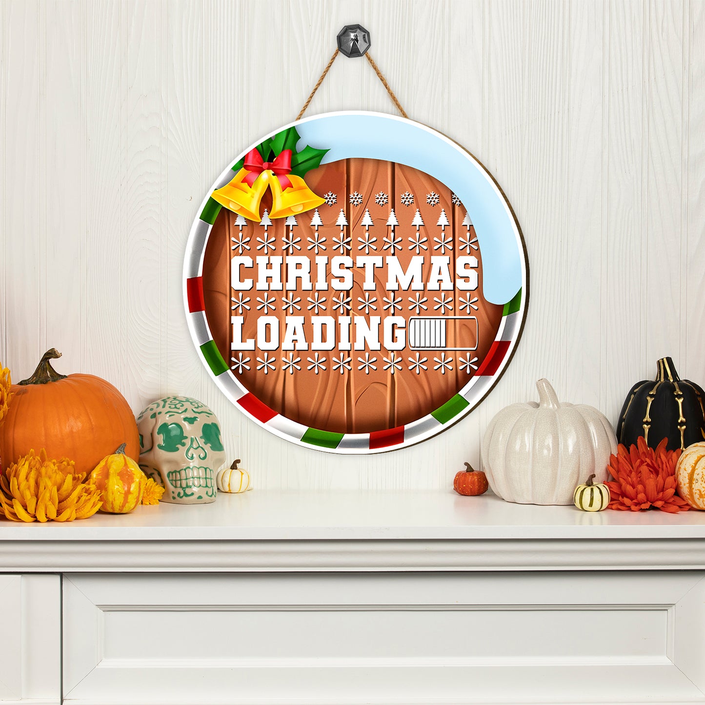 Teesdily | Christmas Round Home Sign, Christmas Loading Wooden Sign, Xmas Holiday Themed Home Decor Sign, Farmhouse Style Front Door Welcome