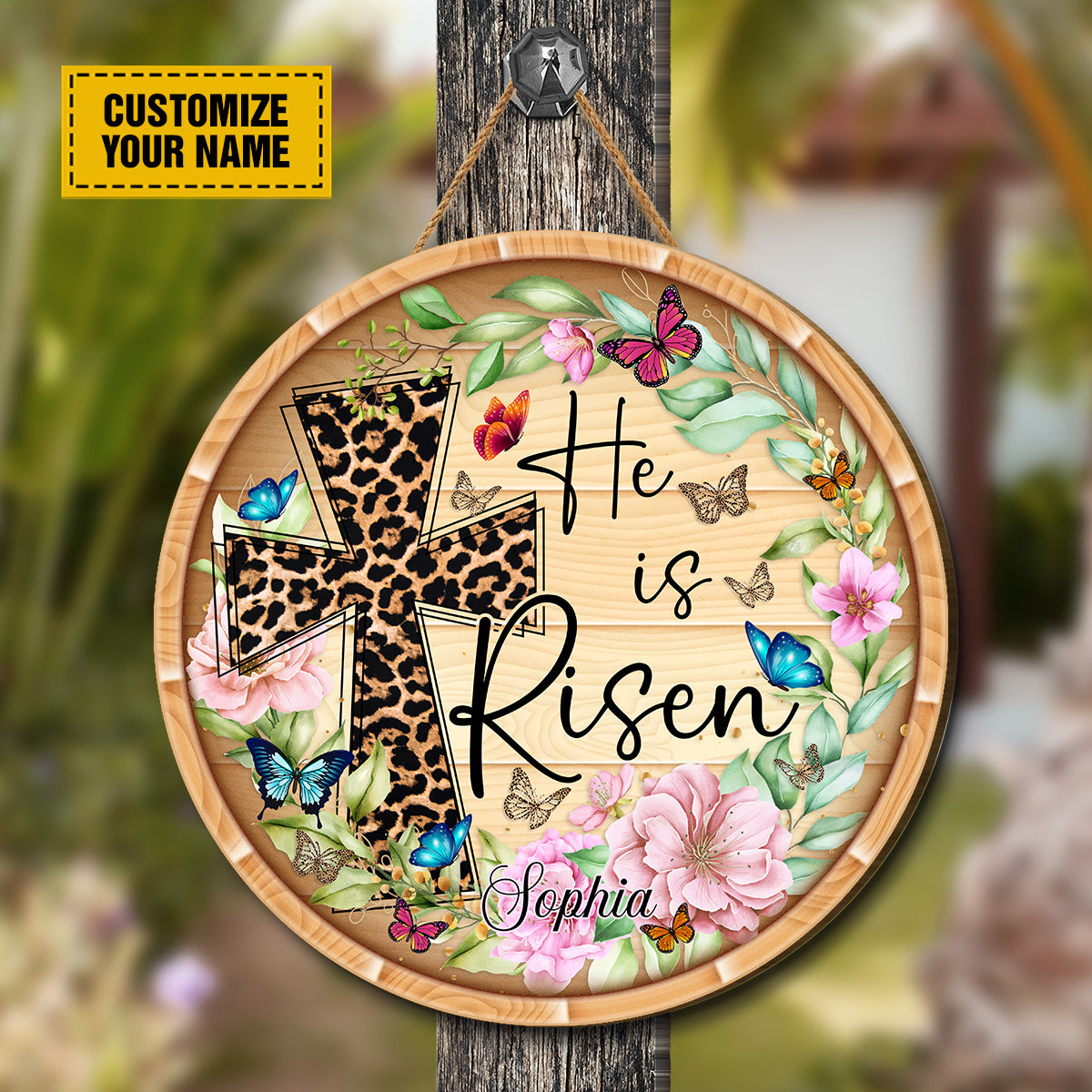 Teesdily | Jesus Leopard Cross Customized Wood Sign Butterfly Floral He Is Risen Door Sign Easter Day Home Decor Ideas Easter Gifts