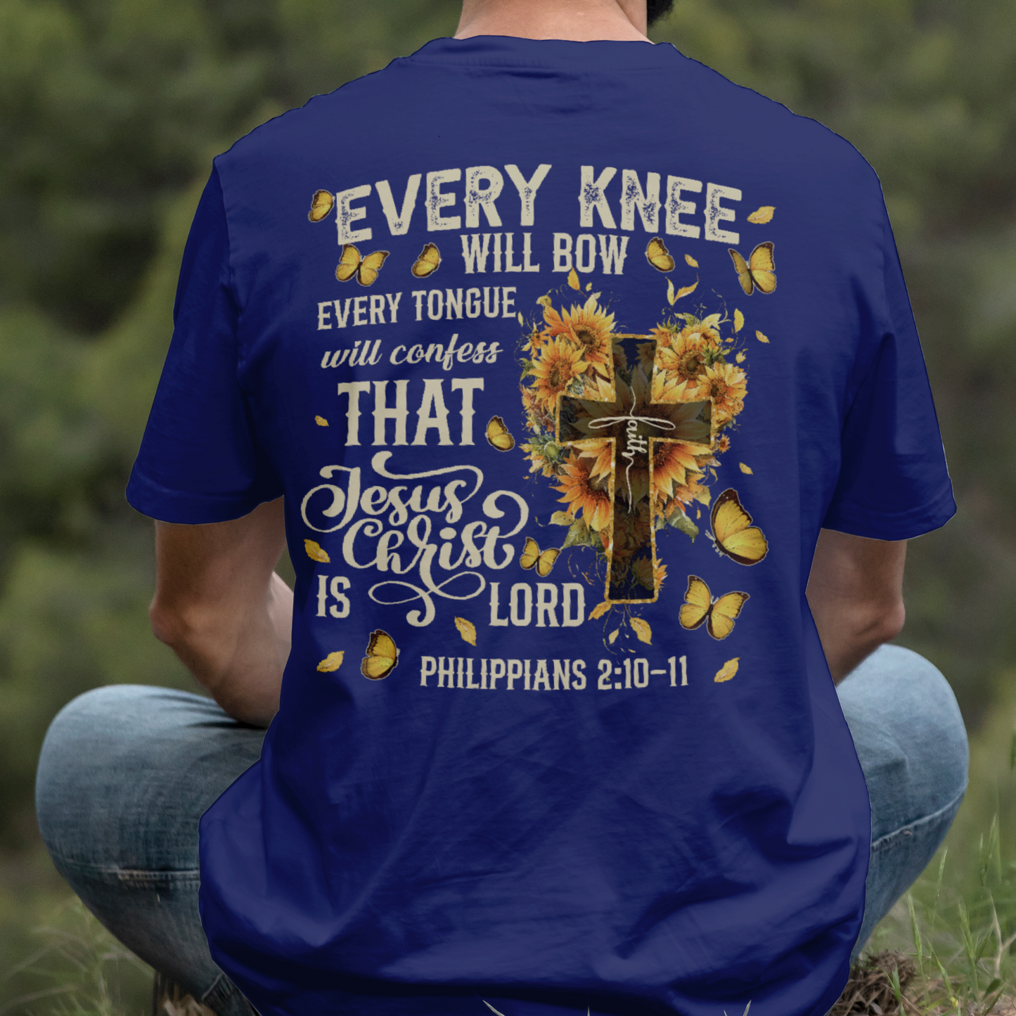 Teesdily | Every Knee Shall Bow Shirt, Every Tongue Shall Confess Sweatshirt, Bible Verse Sunflower Cross Jesus Hoodie Mug Gift