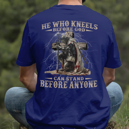 Teesdily | He Who Kneels Before God Shirt, Jesus Warrior Sweatshirt, Christian Cross Faith Hoodie Mug, Religious Gift Men