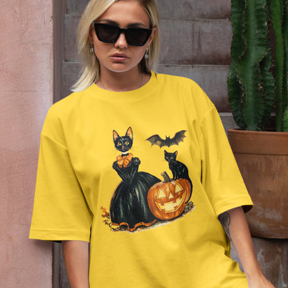 Teesdily | Childless Cat Lady Full Color Shirt, Halloween Pumpkin Witch And Cat Sweatshirt, Witchy Black Cat Hoodie Mug