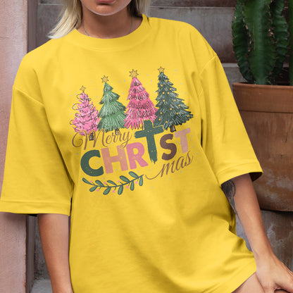 Teesdily | Merry Christmas Shirt, Jesus Christmas T-shirt, Christian Christmas Tree Sweatshirt, Holiday Christmas Hoodie Mug Gift