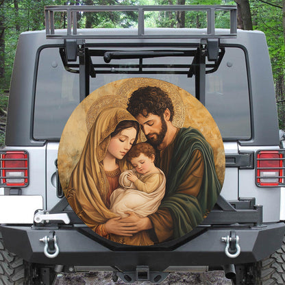 Teesdily | Holy Family Car Spare Tire Cover, Merry Christmas 2024 Wheel Cover, Jesus Christmas Tire Protector Decoration Gift