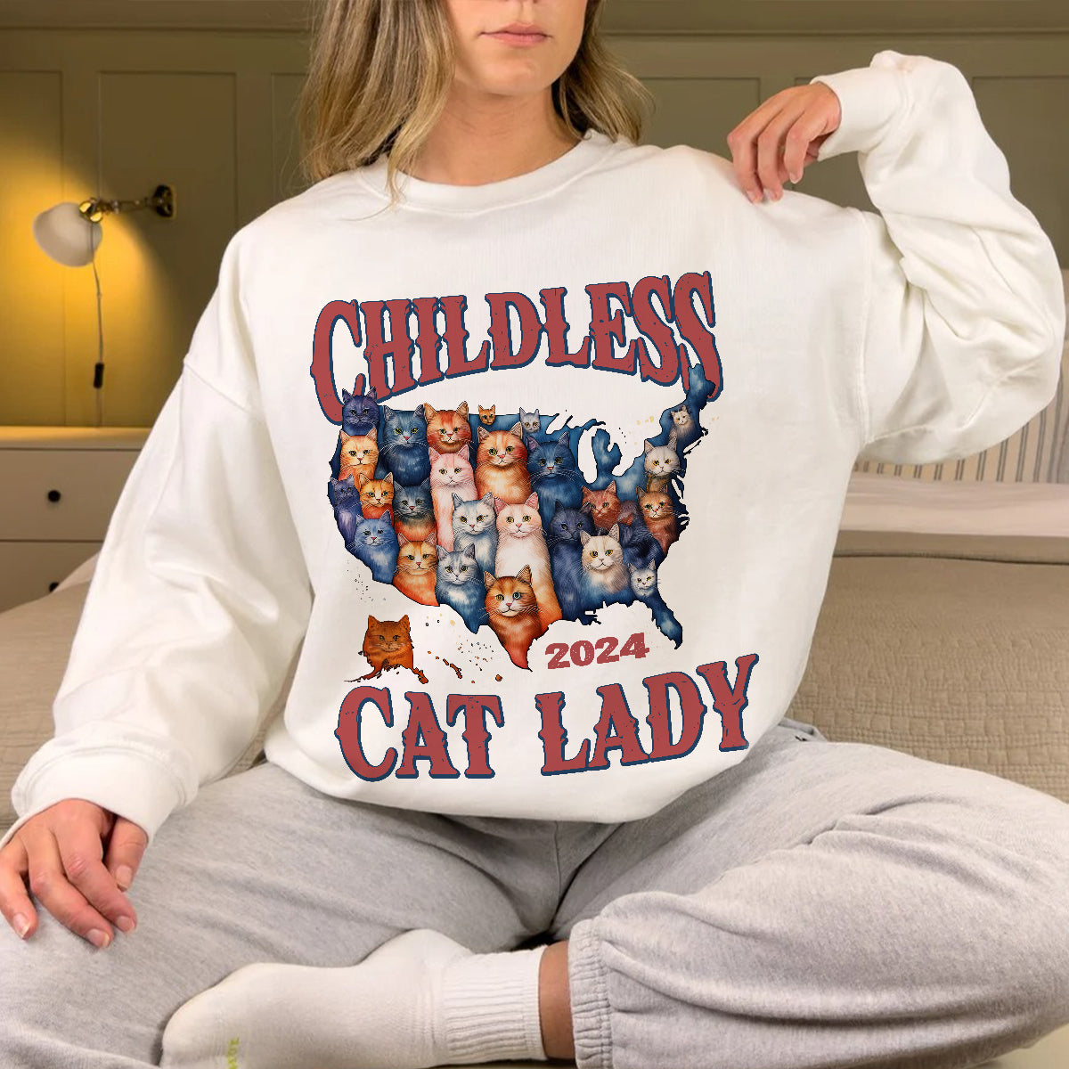 Teesdily | Childless Cat Lady 2024 Shirt, American Map Cats T-shirt, Funny Childless Cat Lady For Ka-mala Sweatshirt Hoodie Mug, Cat Lovers Gift