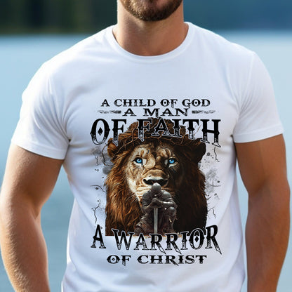 Teesdily | Jesus Warrior Knight Lion Shirt, A Warrior Of Christ Sweatshirt, A Child Of God Hoodie Mug, Man Of Faith Religious Tee