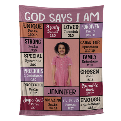 Teesdily | Personalized God Says I Am Fleece Blanket, Christian Kid Throw Blanket, Child Of God Sofa Blanket, God Bible Verse Fleece Blanket Throw