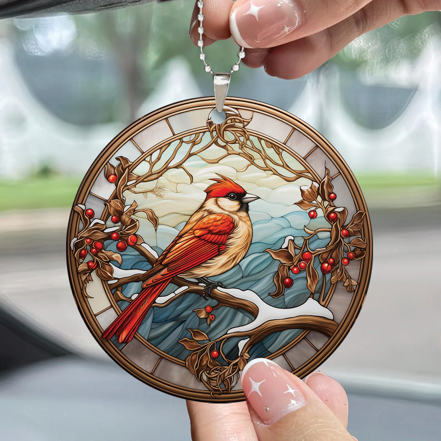 Teesdily | Cardinal Stained Glass Print Ceramic Ornament, Cardinal Bird Art Acrylic Ornament, Jesus Christ Theme Car Ornaments, Christmas Gifts